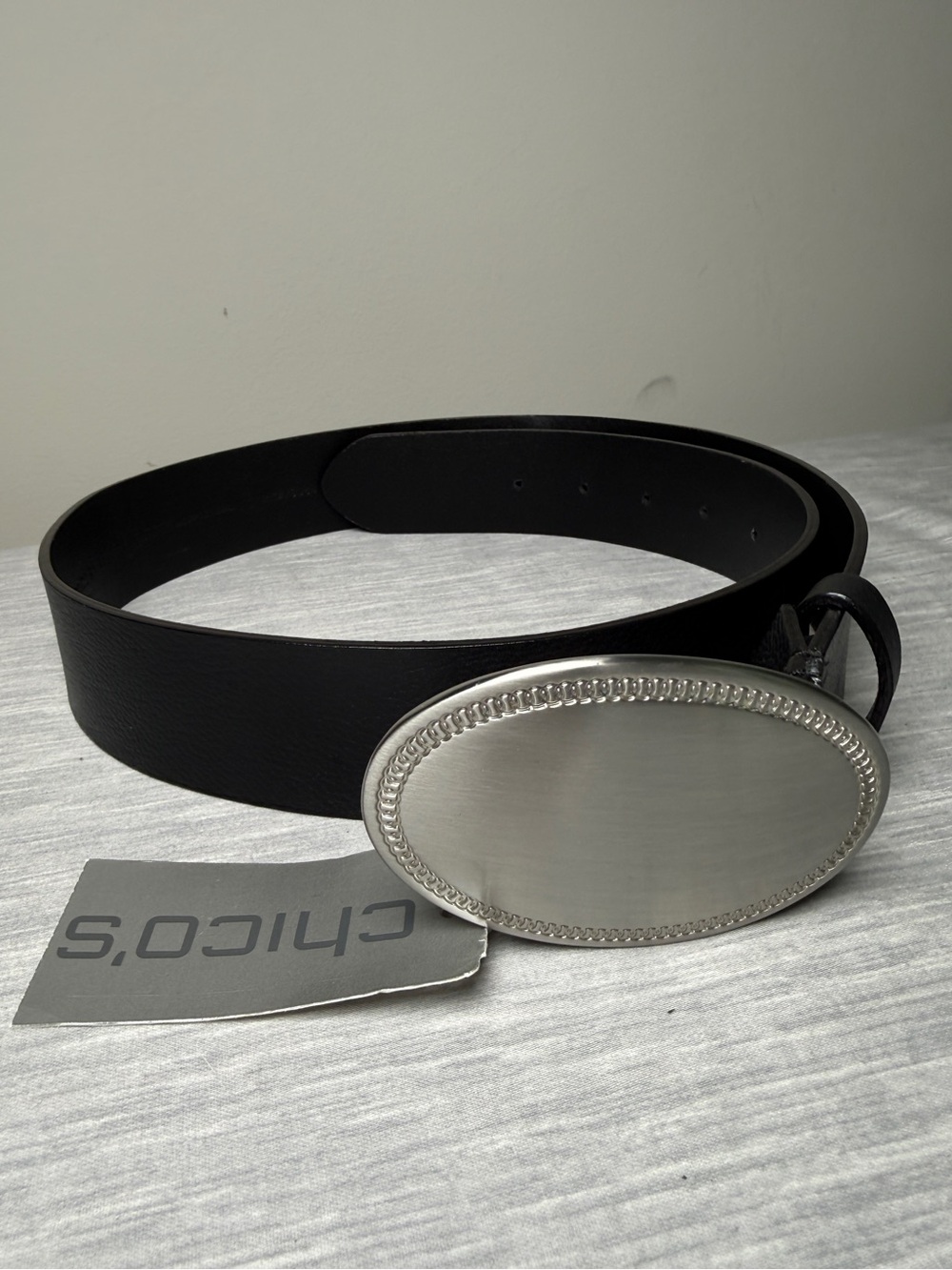 Chico’s Genuine Leather Belt Oval Silver Buckle Black Sz M